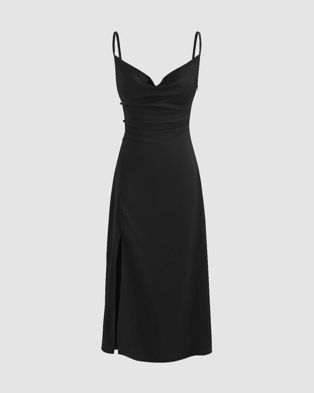 Cowl Neck Slim Fit Midi Dress in Black