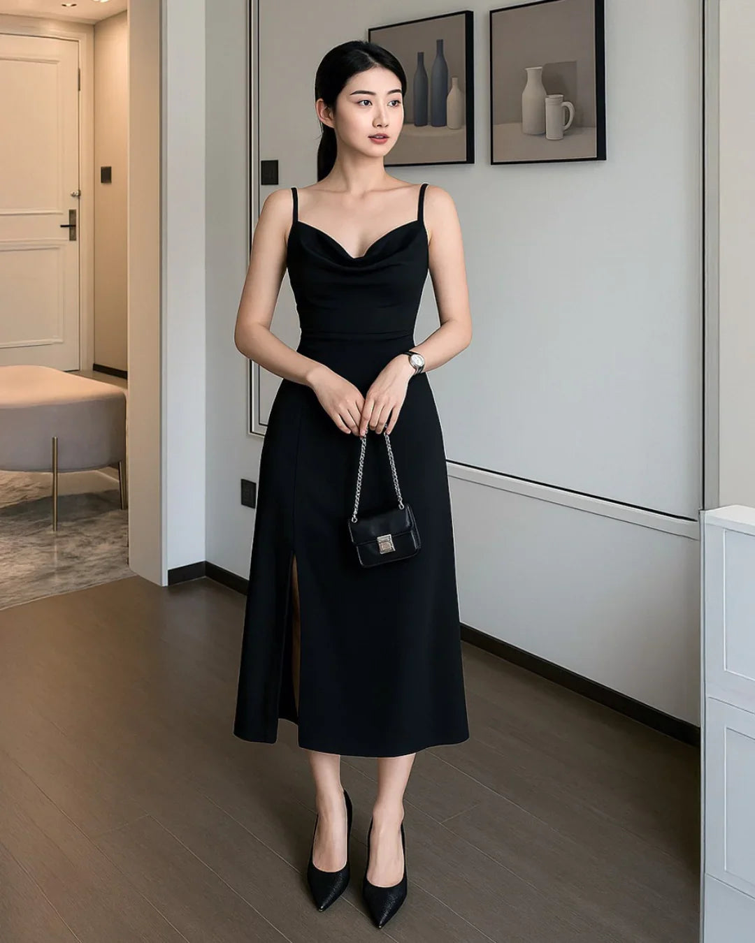 Cowl Neck Slim Fit Midi Dress in Black