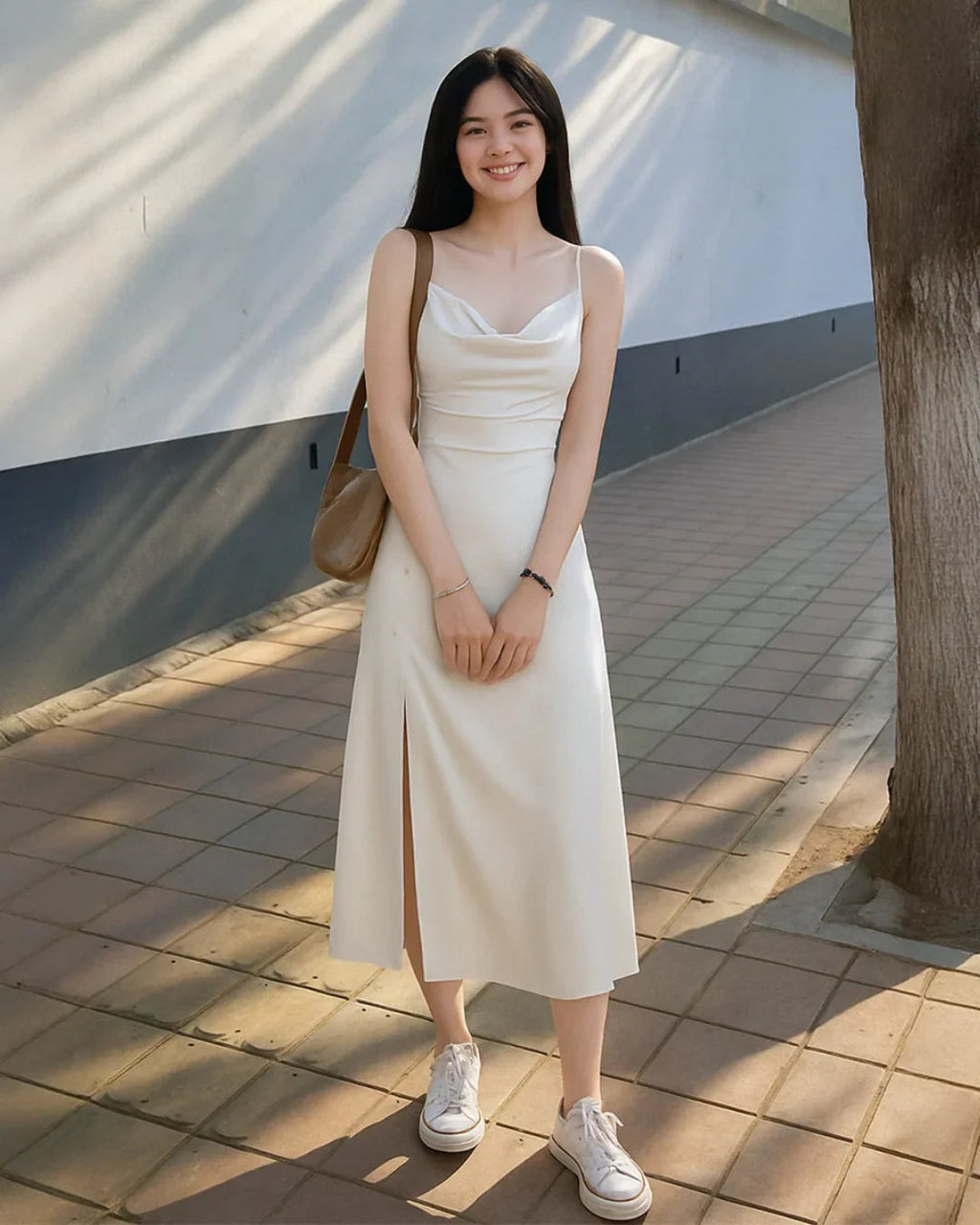 Solid Cowl Neck Slit Midi Dress in Off-White