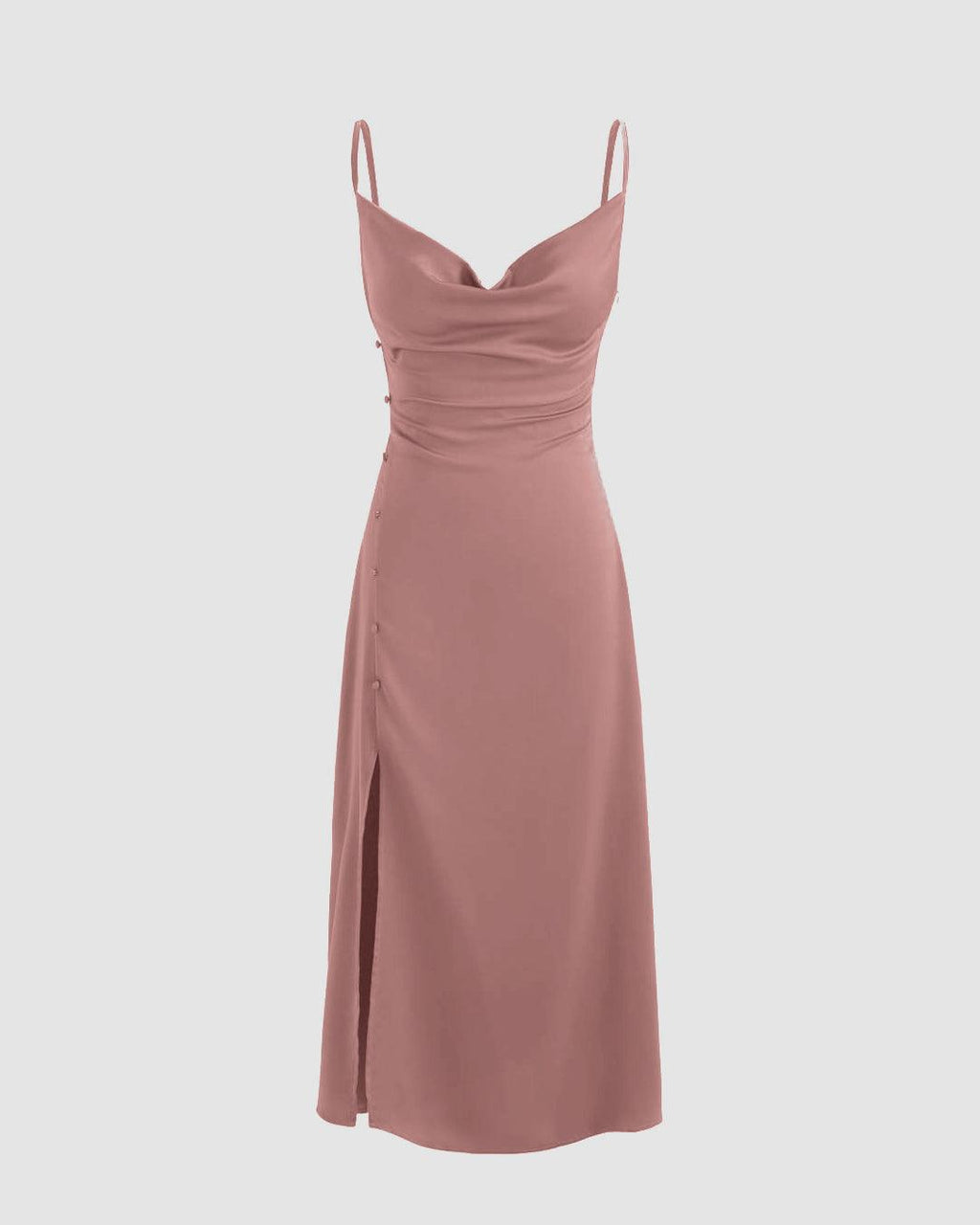Cowl Neck Midi Dress with Slit in Solid Peach