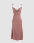 Cowl Neck Midi Dress with Slit in Solid Peach