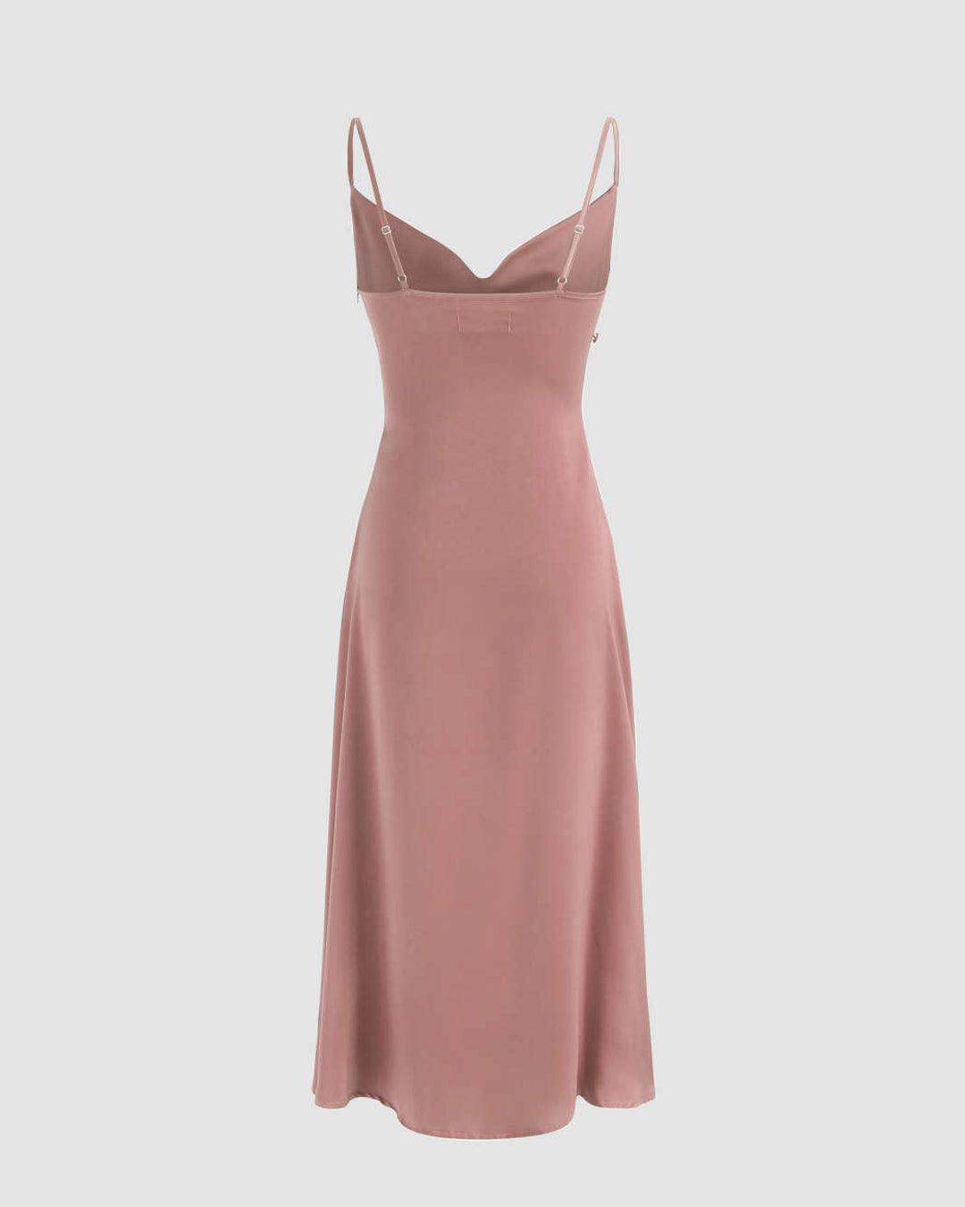 Cowl Neck Midi Dress with Slit in Solid Peach