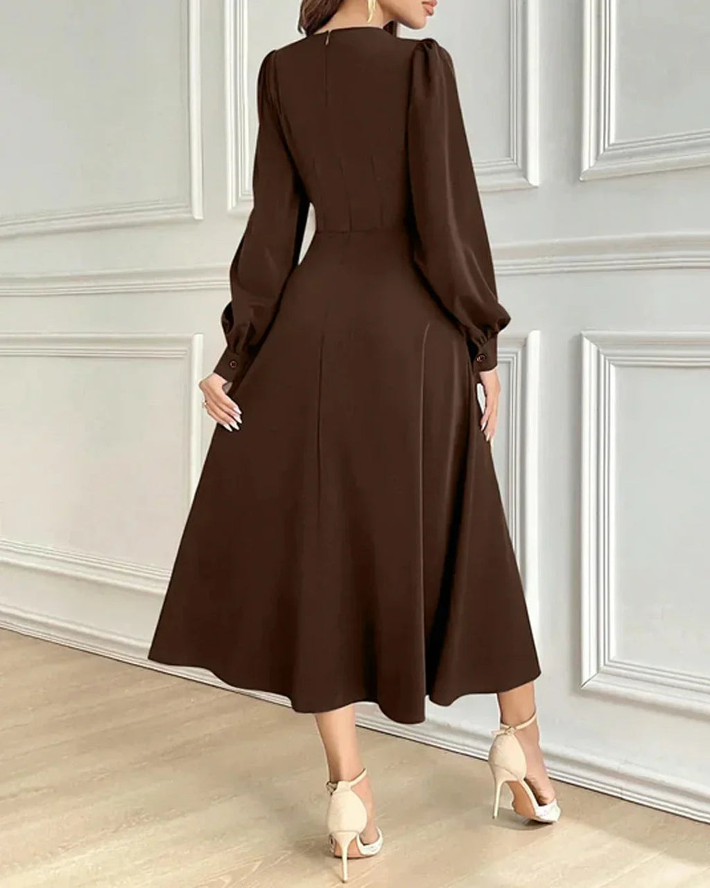 Solid Dark Brown Long Puff Sleeves Midi Flared Dress