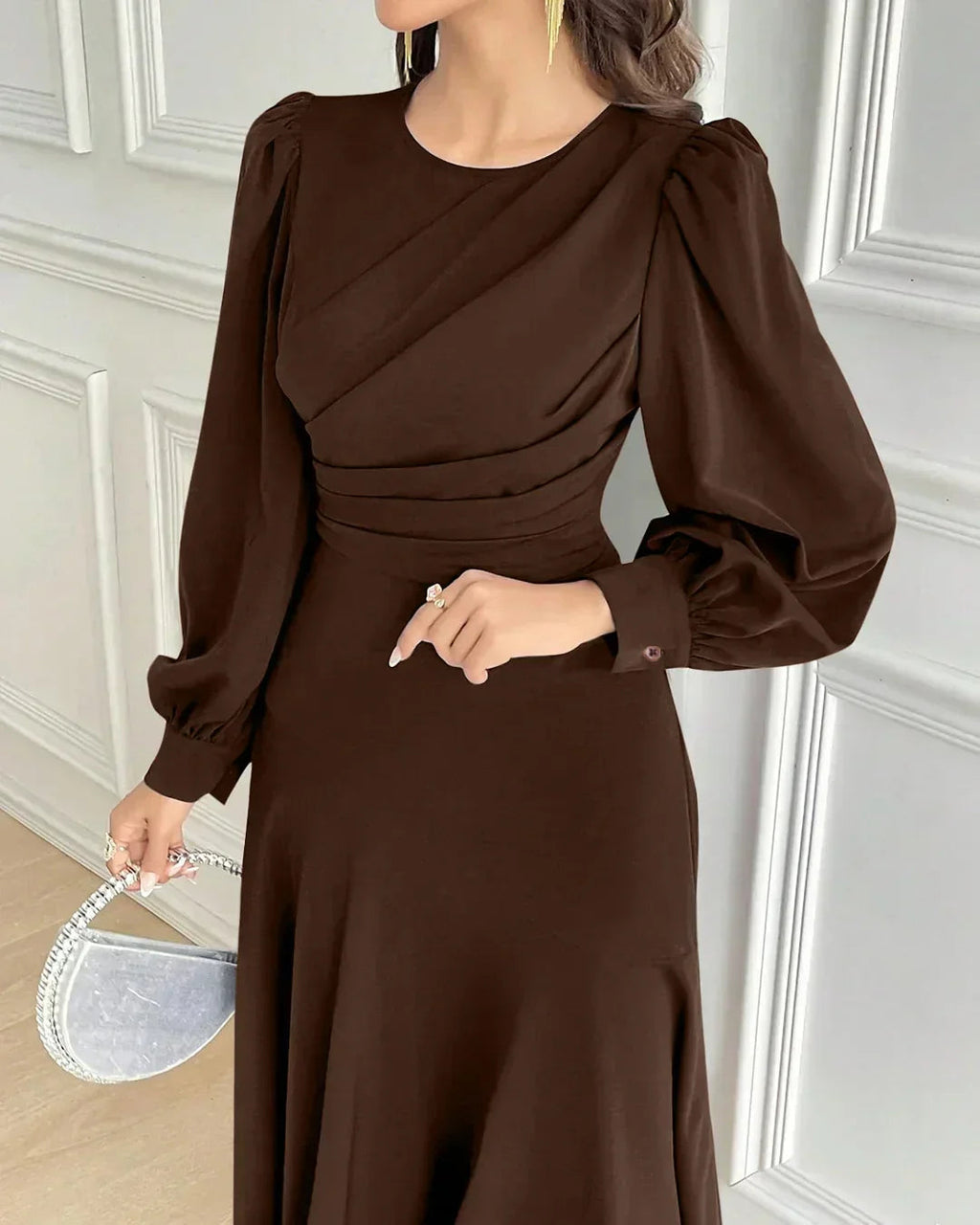 Solid Dark Brown Long Puff Sleeves Midi Flared Dress