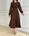 Solid Dark Brown Long Puff Sleeves Midi Flared Dress