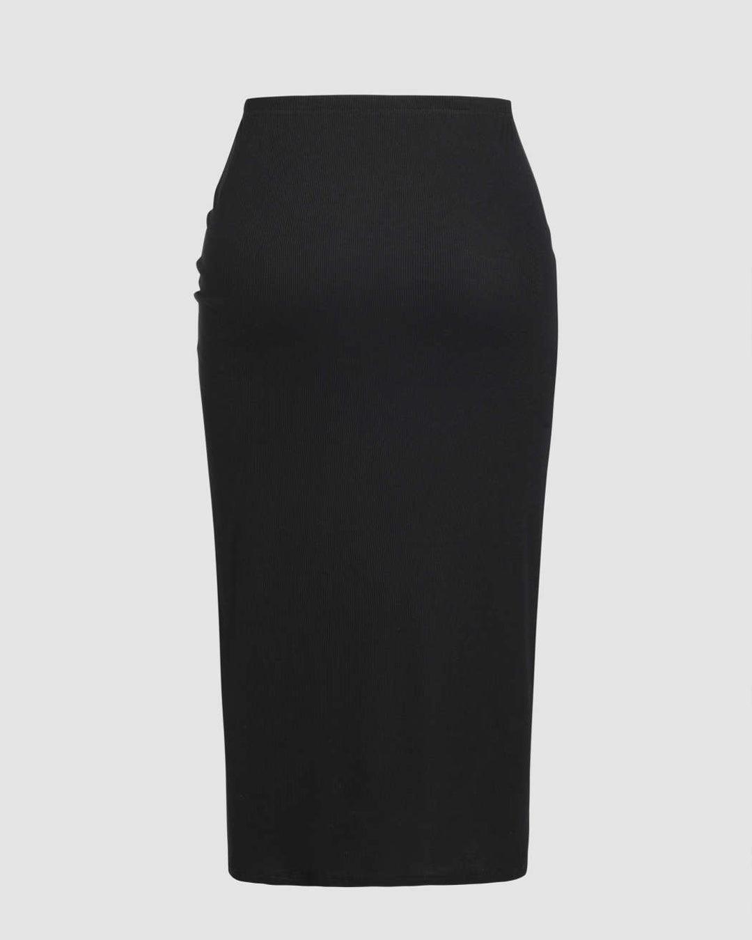 Solid Drawstring Split Maxi Black Skirt Curve & Plus