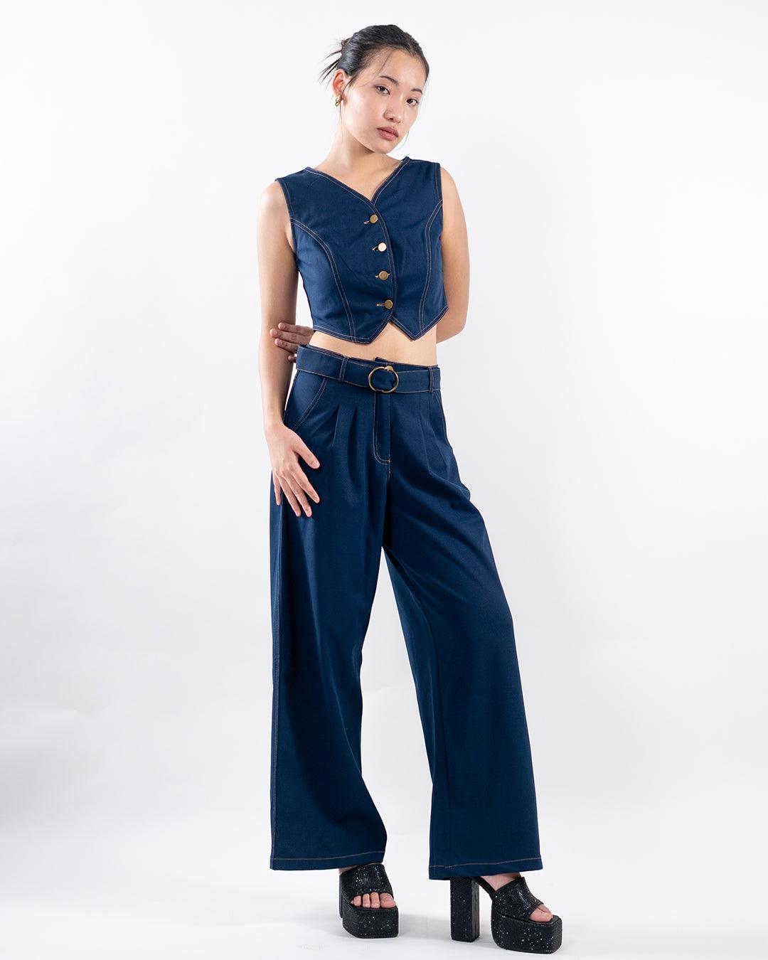 Solid Fitted Top & High Waist Flared Blue Jeans with Insert Pockets