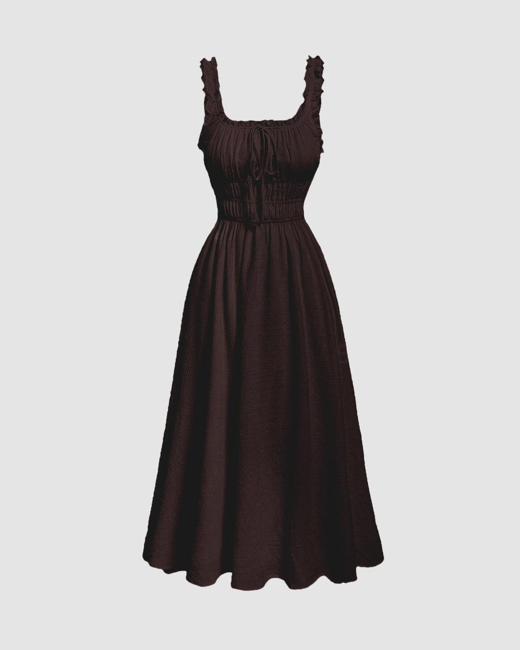 Solid Frill Trim Tie Front Chocolate Brown Midi Dress