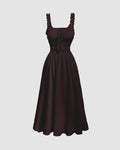 Solid Frill Trim Tie Front Chocolate Brown Midi Dress