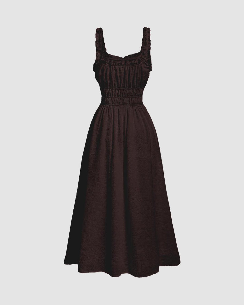 Solid Frill Trim Tie Front Chocolate Brown Midi Dress