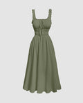 Solid Frill Trim Tie Front Green Dress