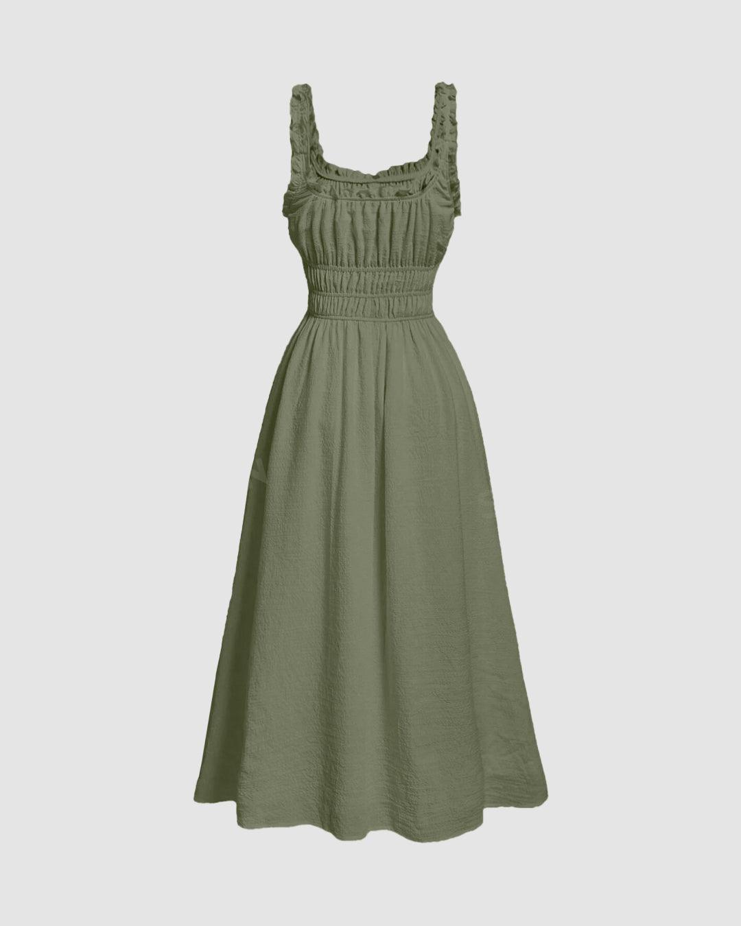Solid Frill Trim Tie Front Green Dress