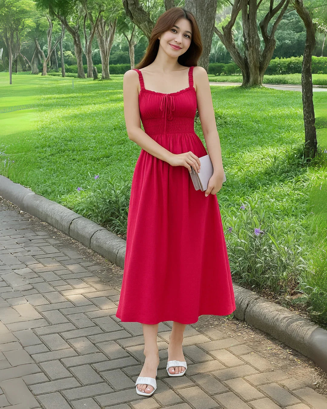 Solid Frill Trim Tie Front Hot Pink Dress