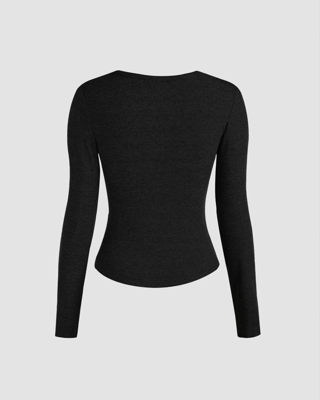 Solid Knit Symmetrical Neck Cut Out Long Sleeve Black Top