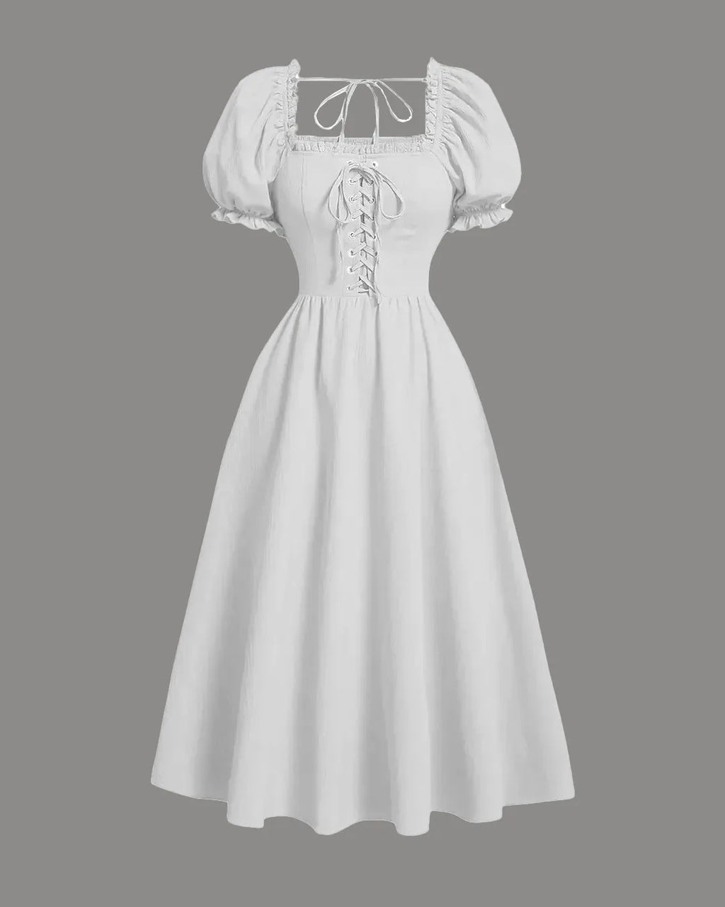 Solid Lace Up Front Puff Sleeve Dress In Off White