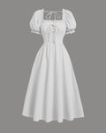 Solid Lace Up Front Puff Sleeve Dress In Off White