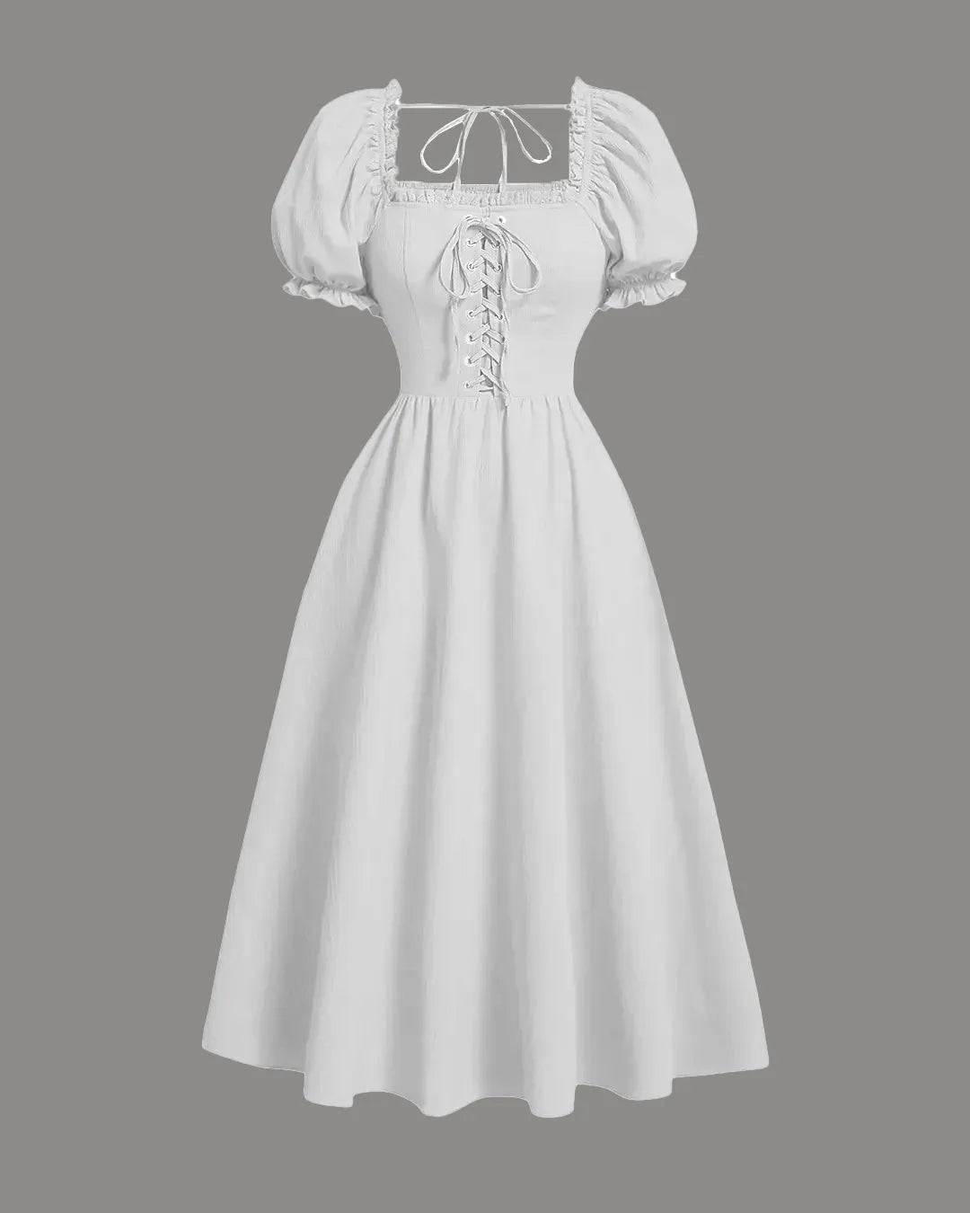 Solid Lace Up Front Puff Sleeve Dress In Off White
