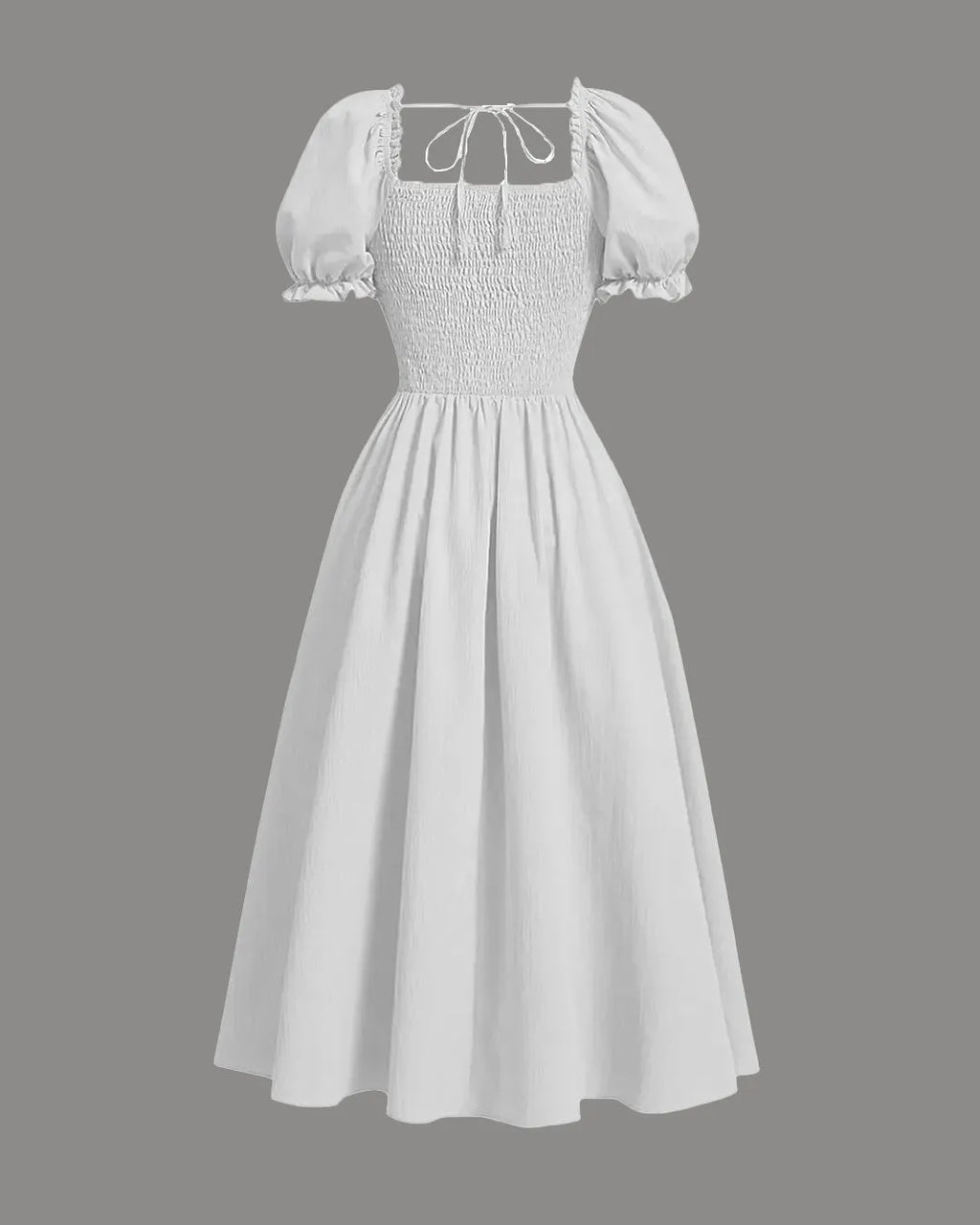 Solid Lace Up Front Puff Sleeve Dress In Off White