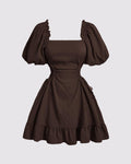 Solid Lace Up Side Ruffle Dress In Chocolate Brown