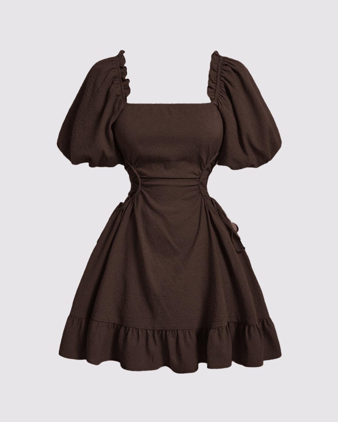 Solid Lace Up Side Ruffle Dress In Chocolate Brown