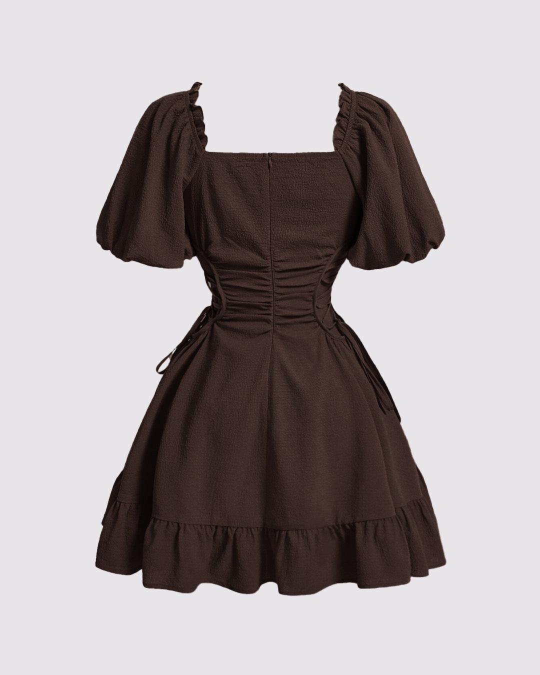 Solid Lace Up Side Ruffle Dress In Chocolate Brown