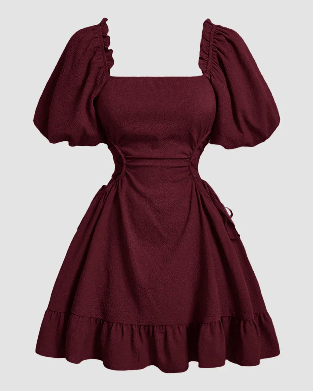 Solid Lace Up Side Ruffle Dress In Maroon
