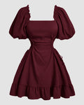 Solid Lace Up Side Ruffle Dress In Maroon