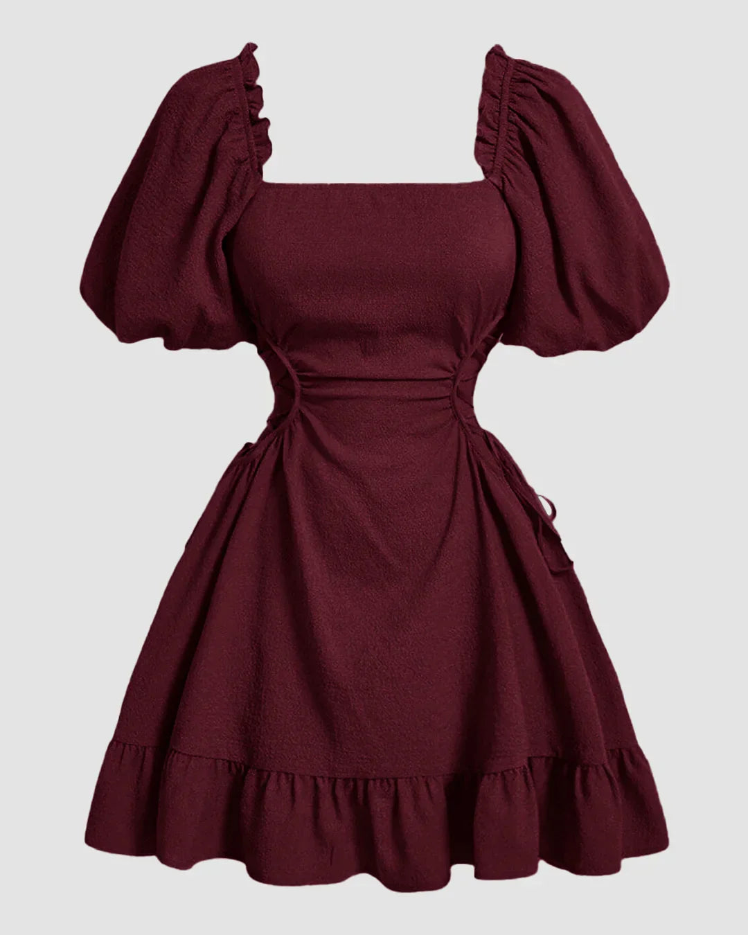 Solid Lace Up Side Ruffle Dress In Maroon