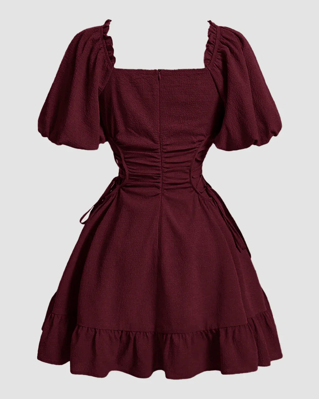 Solid Lace Up Side Ruffle Dress In Maroon