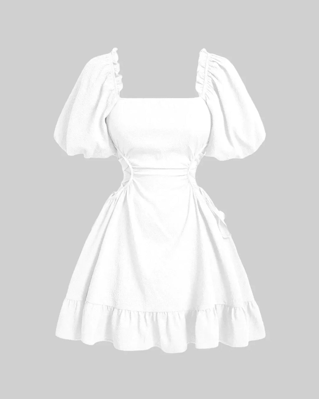 Solid Lace Up Side Ruffle Dress In Off White