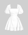 Solid Lace Up Side Ruffle Dress In Off White