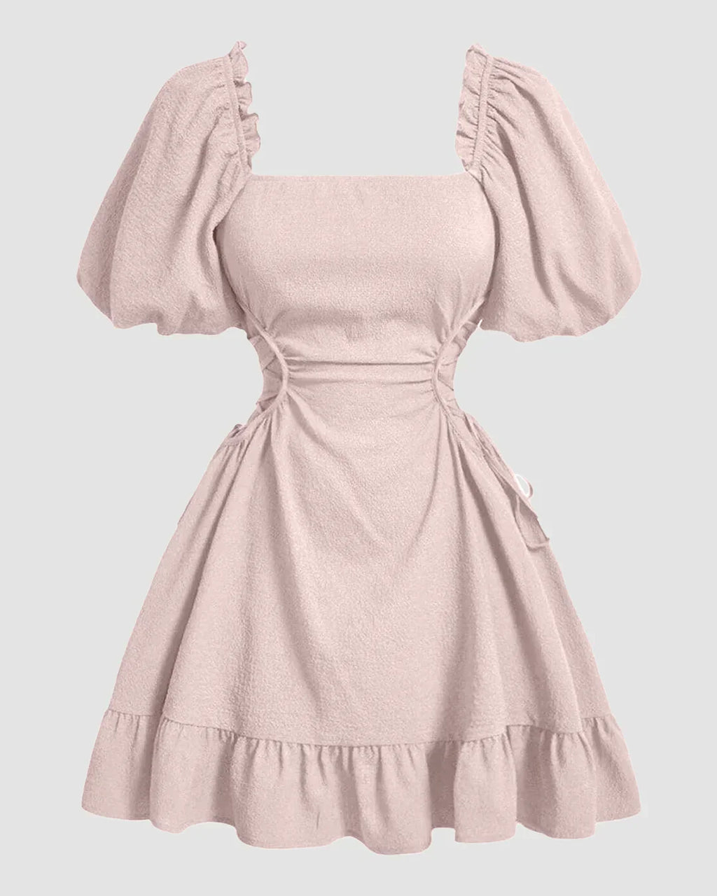 Solid Lace Up Side Ruffle Dress In Powder Pink