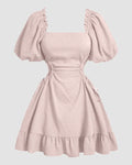 Solid Lace Up Side Ruffle Dress In Powder Pink