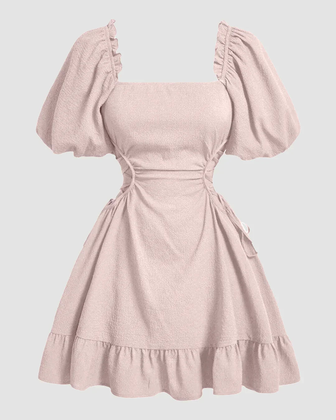 Solid Lace Up Side Ruffle Dress In Powder Pink