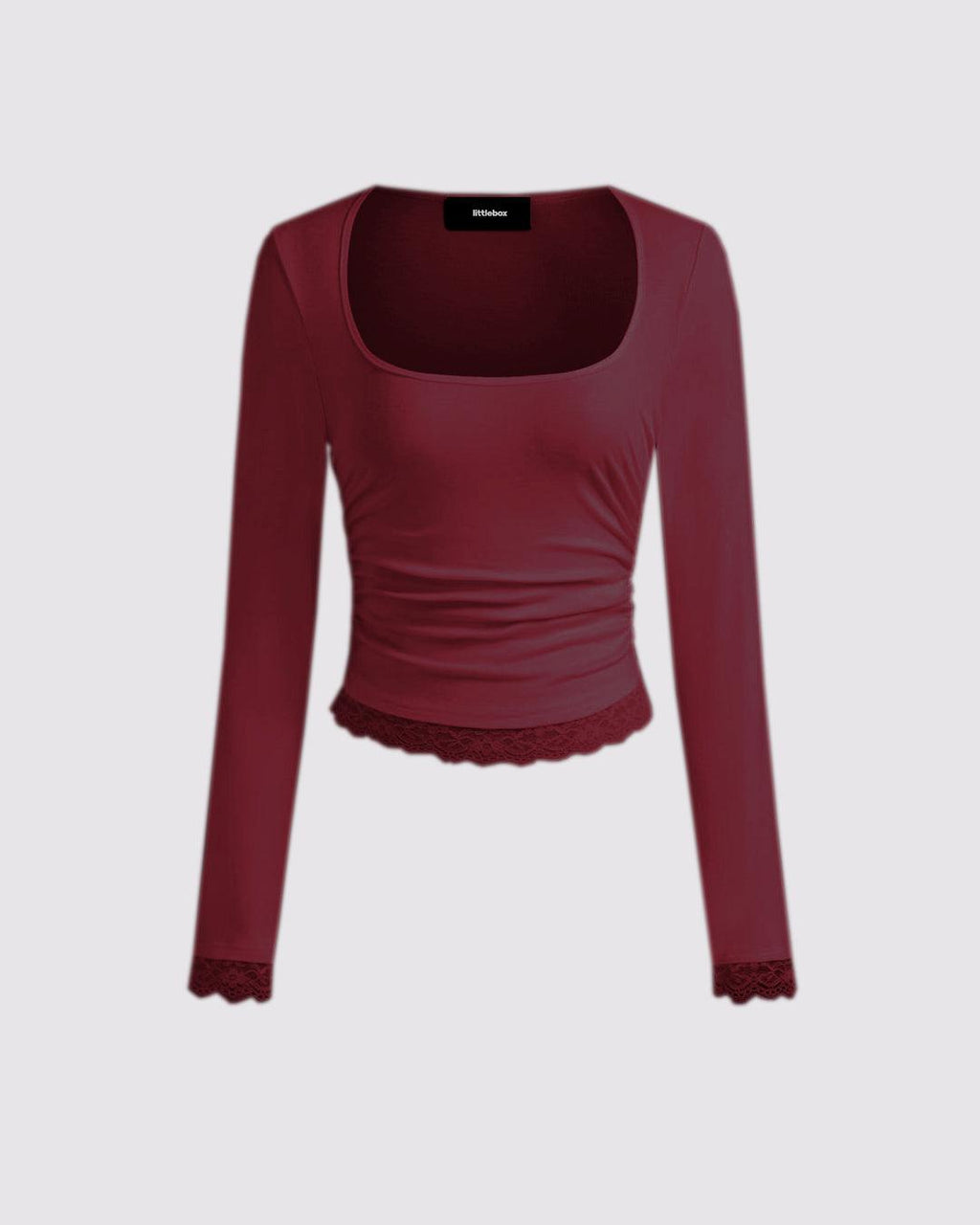 Solid Long Sleeve Bottom Lace Square Neck Cherry Red Top