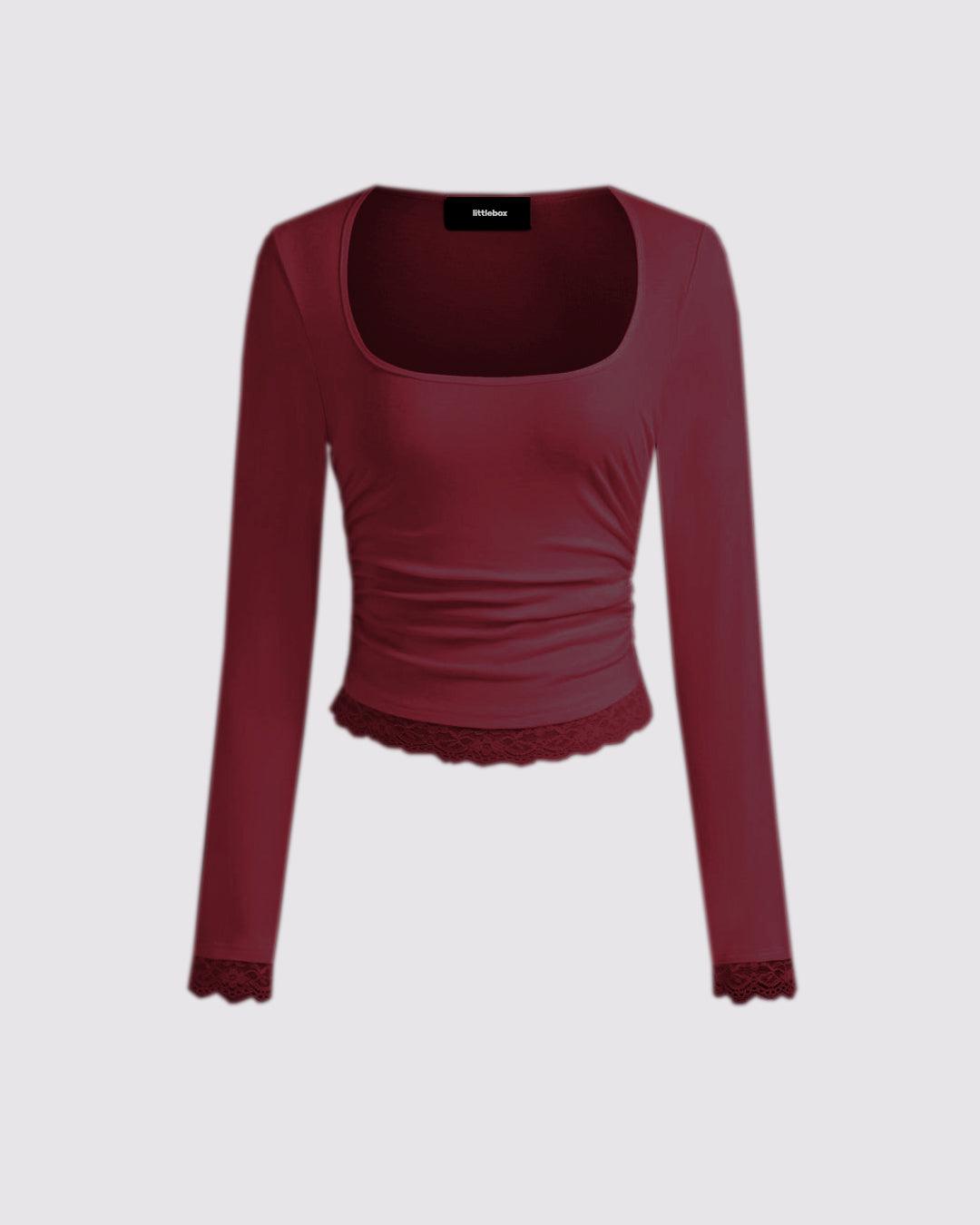 Solid Long Sleeve Bottom Lace Square Neck Cherry Red Top