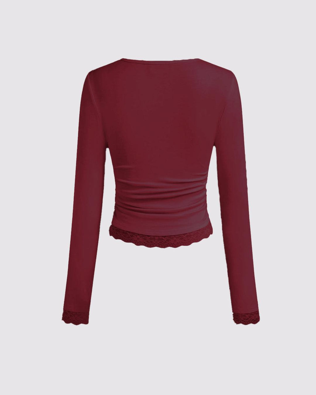 Solid Long Sleeve Bottom Lace Square Neck Cherry Red Top
