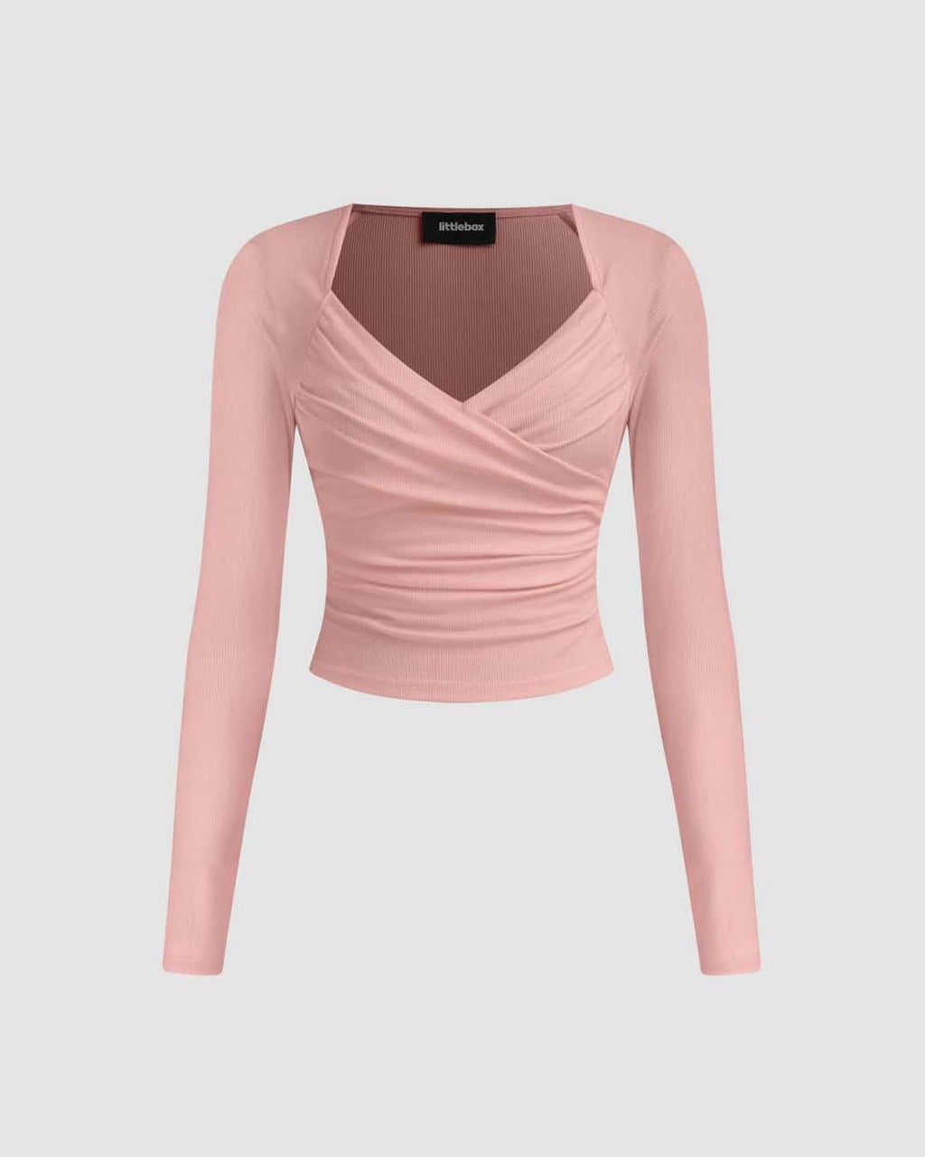 Solid Ribbed V-Neck Long Sleeves Wrap Top In Dusty Pink