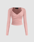Solid Ribbed V-Neck Long Sleeves Wrap Top In Dusty Pink