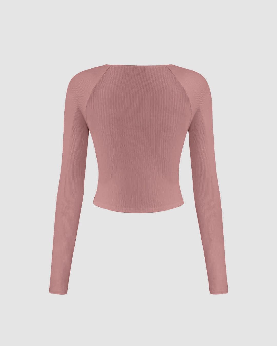 Solid Ribbed V-Neck Long Sleeves Wrap Top In Dusty Pink