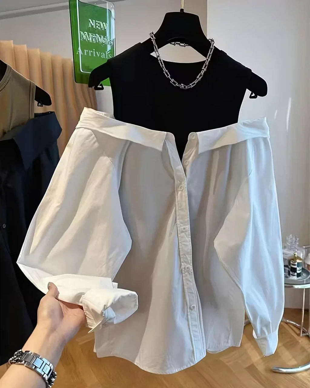 Solid Round Neck Statement Sleeve Womens Top in White