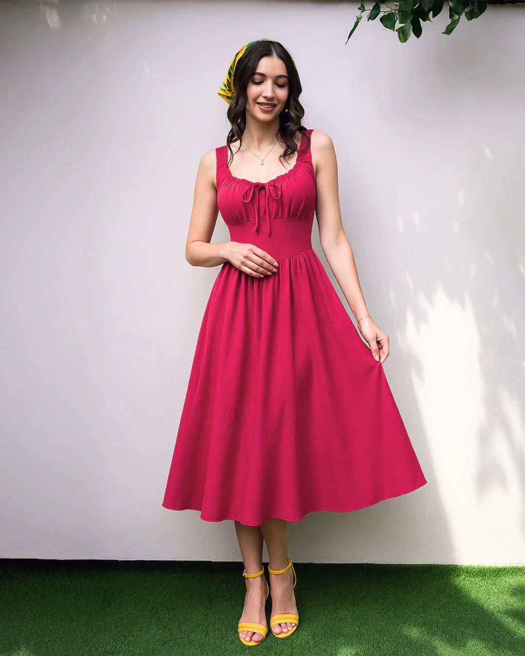 Solid Ruched Bust Dress In Hot Pink