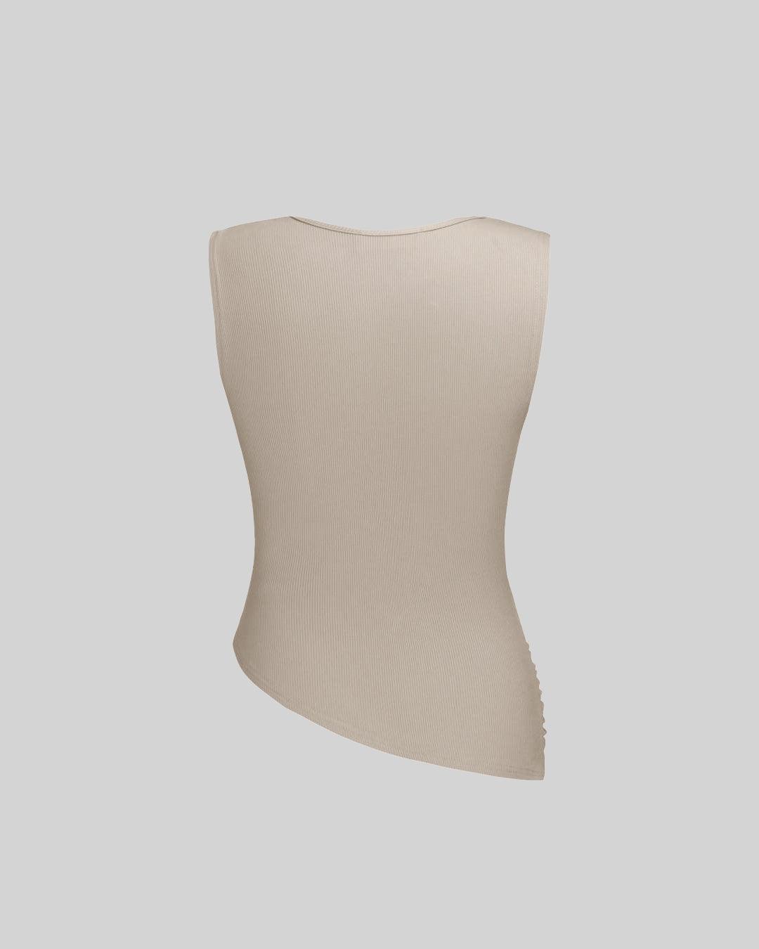 Solid Ruched Round Neck Crop Top In Apricot