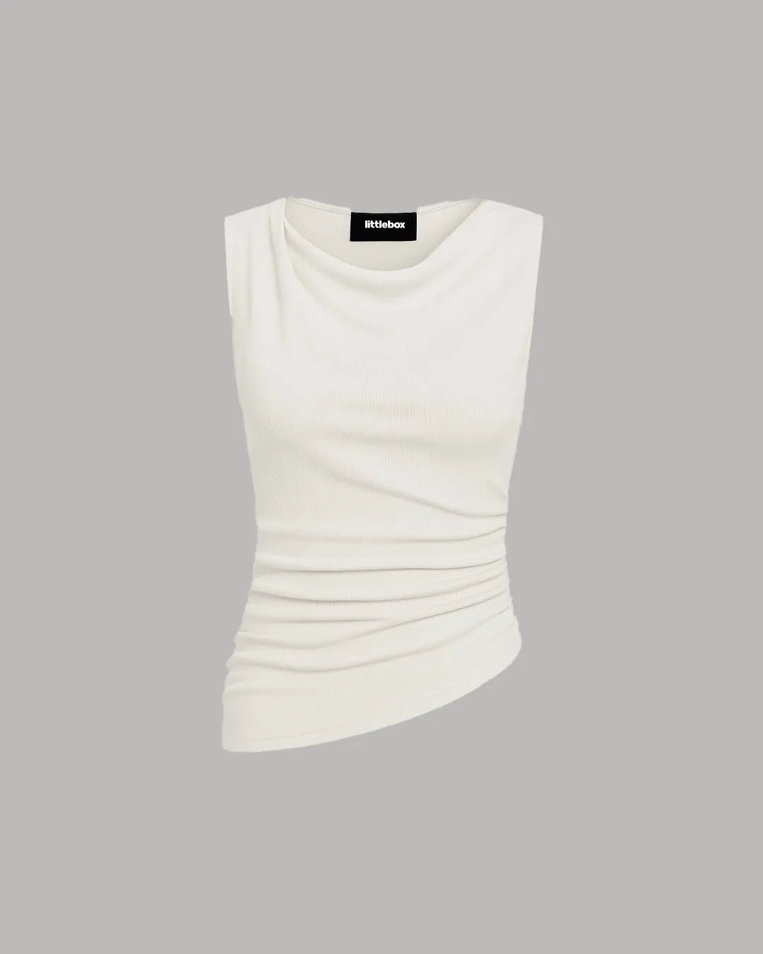 Solid Ruched Round Neck Crop Top In Milky White