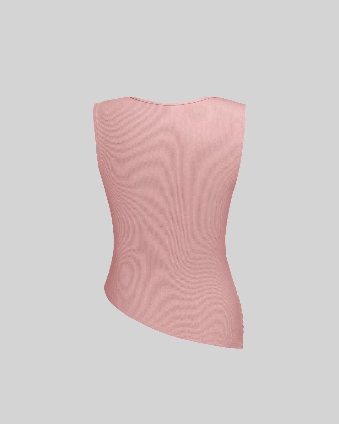 Solid Ruched Round Neck Crop Top In Pink