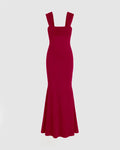 Solid Ruched Square Neckline Ruffle Maxi Dress