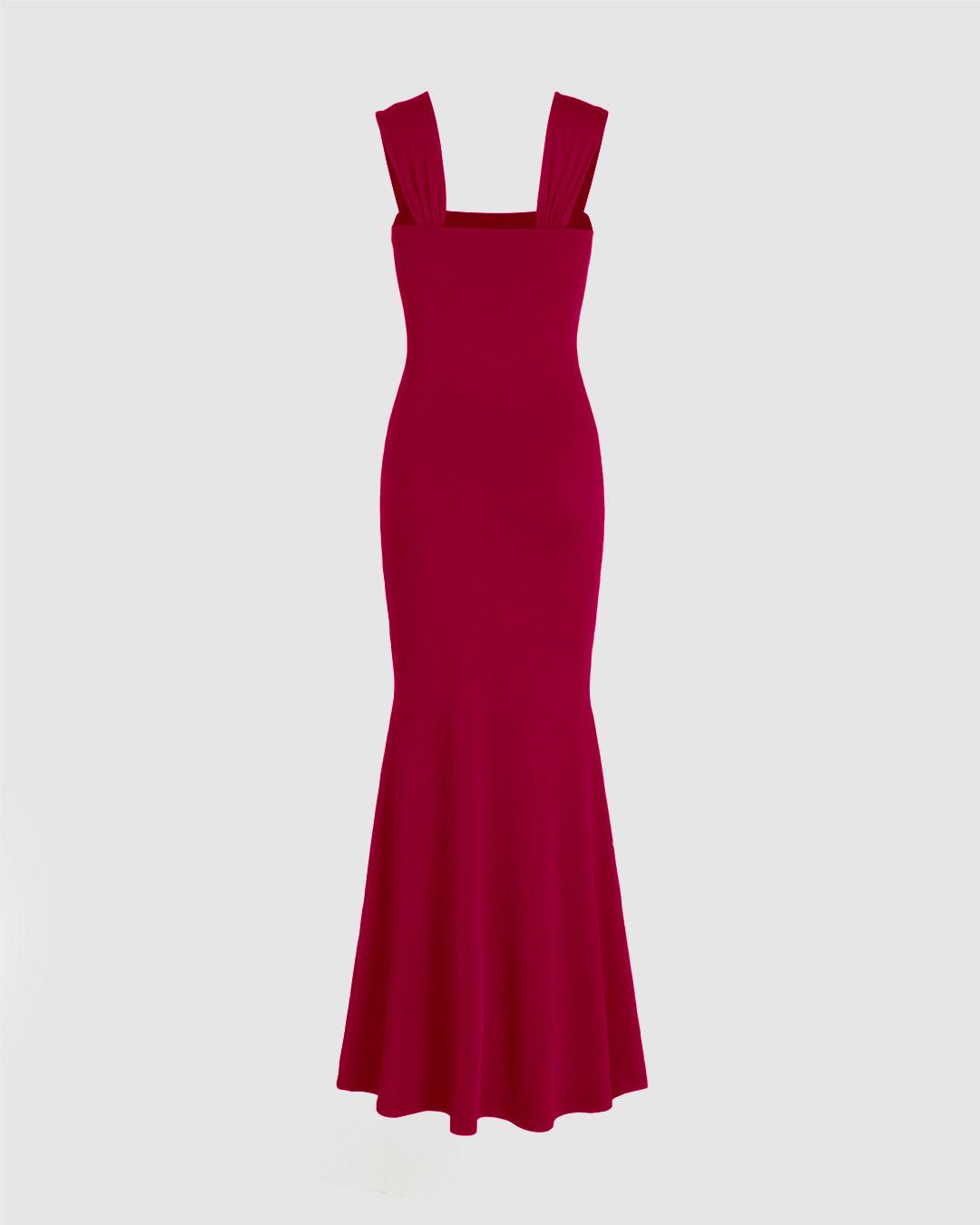 Solid Ruched Square Neckline Ruffle Maxi Dress