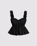 Solid Ruffle Front Tie Bow Sleeveless Black Crop Top
