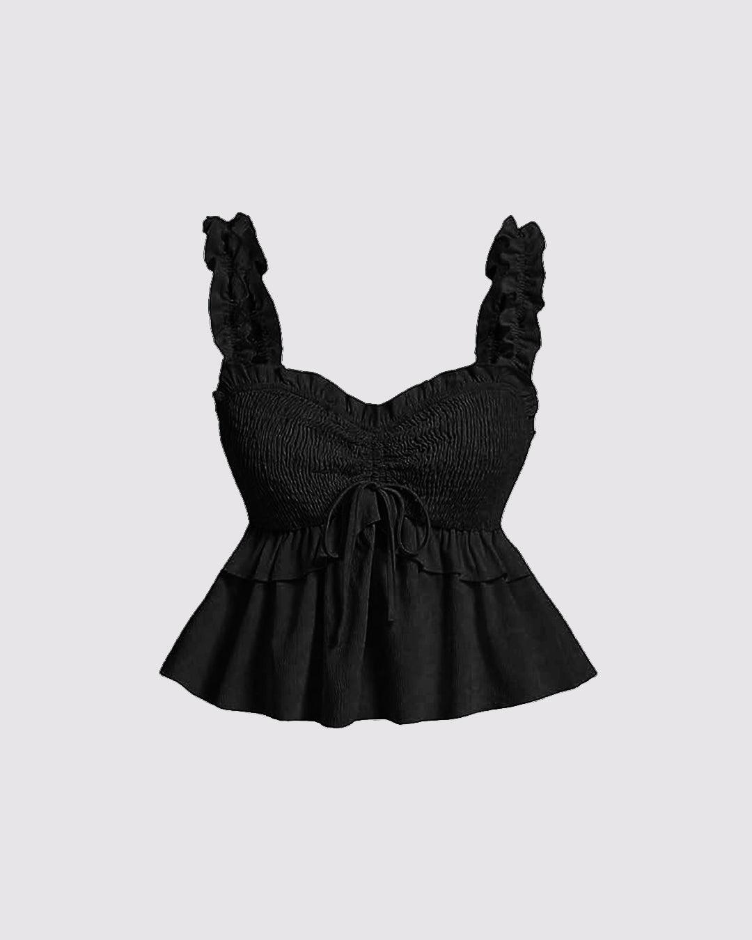 Solid Ruffle Front Tie Bow Sleeveless Black Crop Top