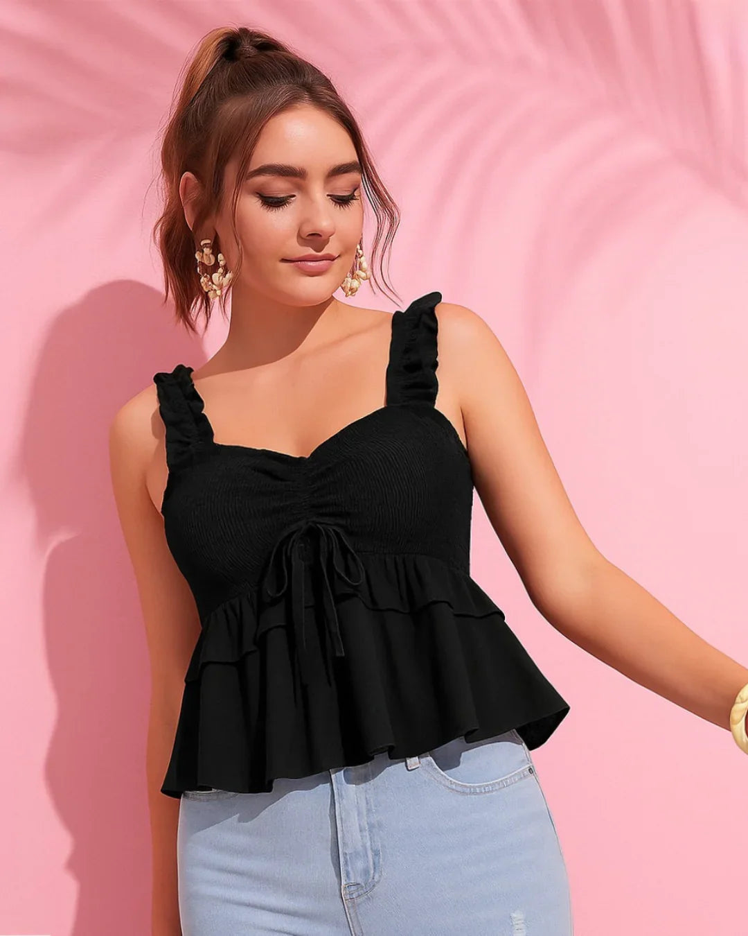 Solid Ruffle Front Tie Bow Sleeveless Black Crop Top